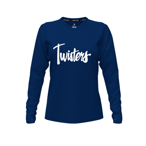 [CUS-DFW-TEES-CMF-VNK-LSL-NVY-FYXS-LOGO1] Decker Comfort T-Shirt (Female Youth XS, Navy, V Neck, Logo 1, Long Sleeve)