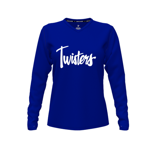 [FTLVCFRY-FYXS-LOGO1] Decker Comfort T-Shirt (Female Youth XS, Royal, V Neck, Logo 1, Long Sleeve)