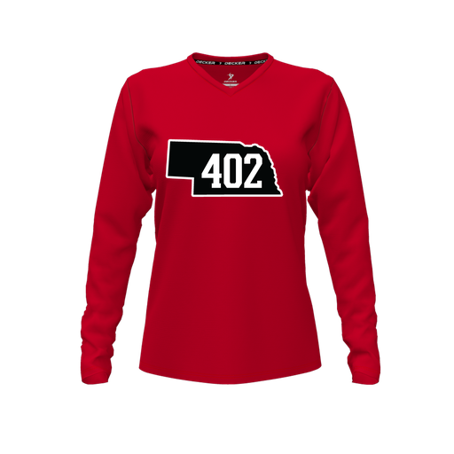 [CUS-DFW-TEES-CMF-VNK-LSL-RED-FYXS-LOGO2] Decker Comfort T-Shirt (Female Youth XS, Red, V Neck, Logo 2, Long Sleeve)