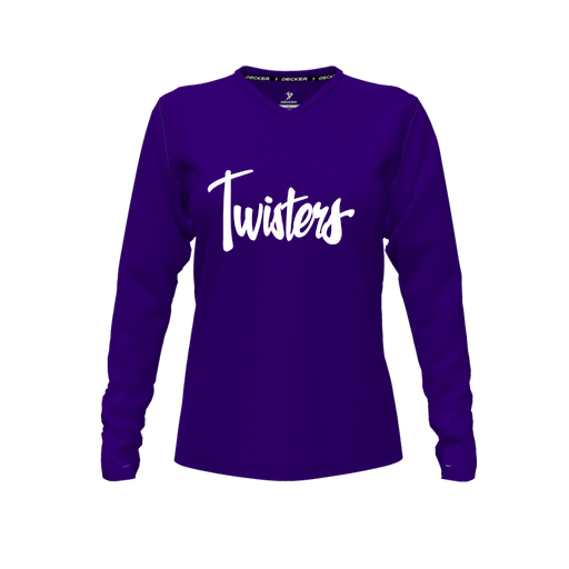 [FTLVCFPP-FYXS-LOGO1] Decker Comfort T-Shirt (Female Youth XS, Purple, V Neck, Logo 1, Long Sleeve)