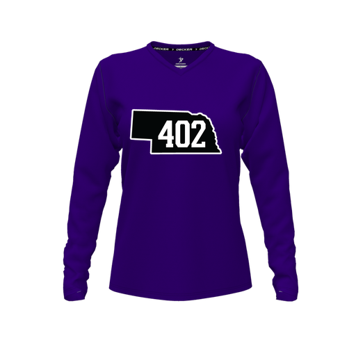 [FTLVPTPP-FYXS-LOGO2] Decker Performance T-Shirt (Female Youth XS, Purple, V Neck, Logo 2, Long Sleeve)